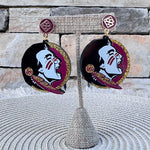 Large round Florida State Seminoles logo drop earrings with officially licensed Seminoles emblem.