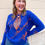 Blue merino wool blend Florida Gators script sweater featuring chain stitch embroidered hand-drawn collegiate artwork.