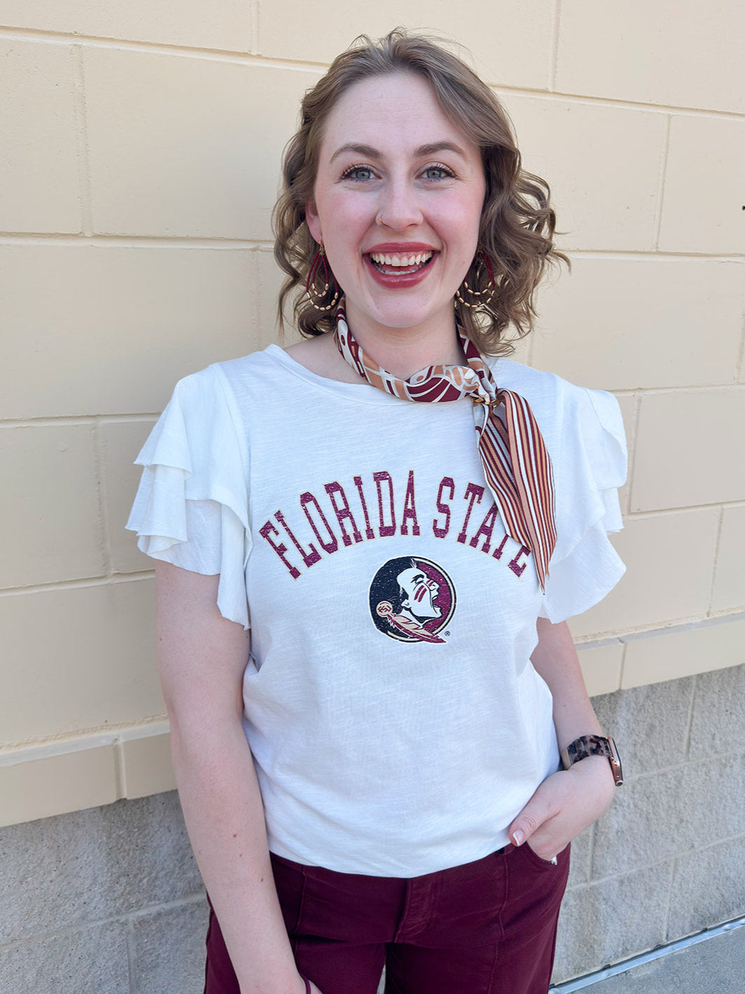 White FSU flutter sleeve top short sleeve, lightweight
