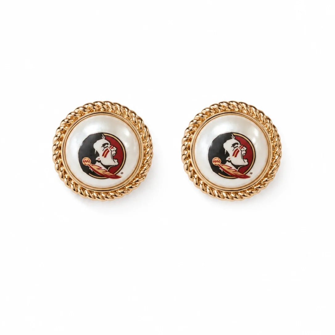 Florida State Seminoles pearly resin stud earrings with a gold-plated logo setting.