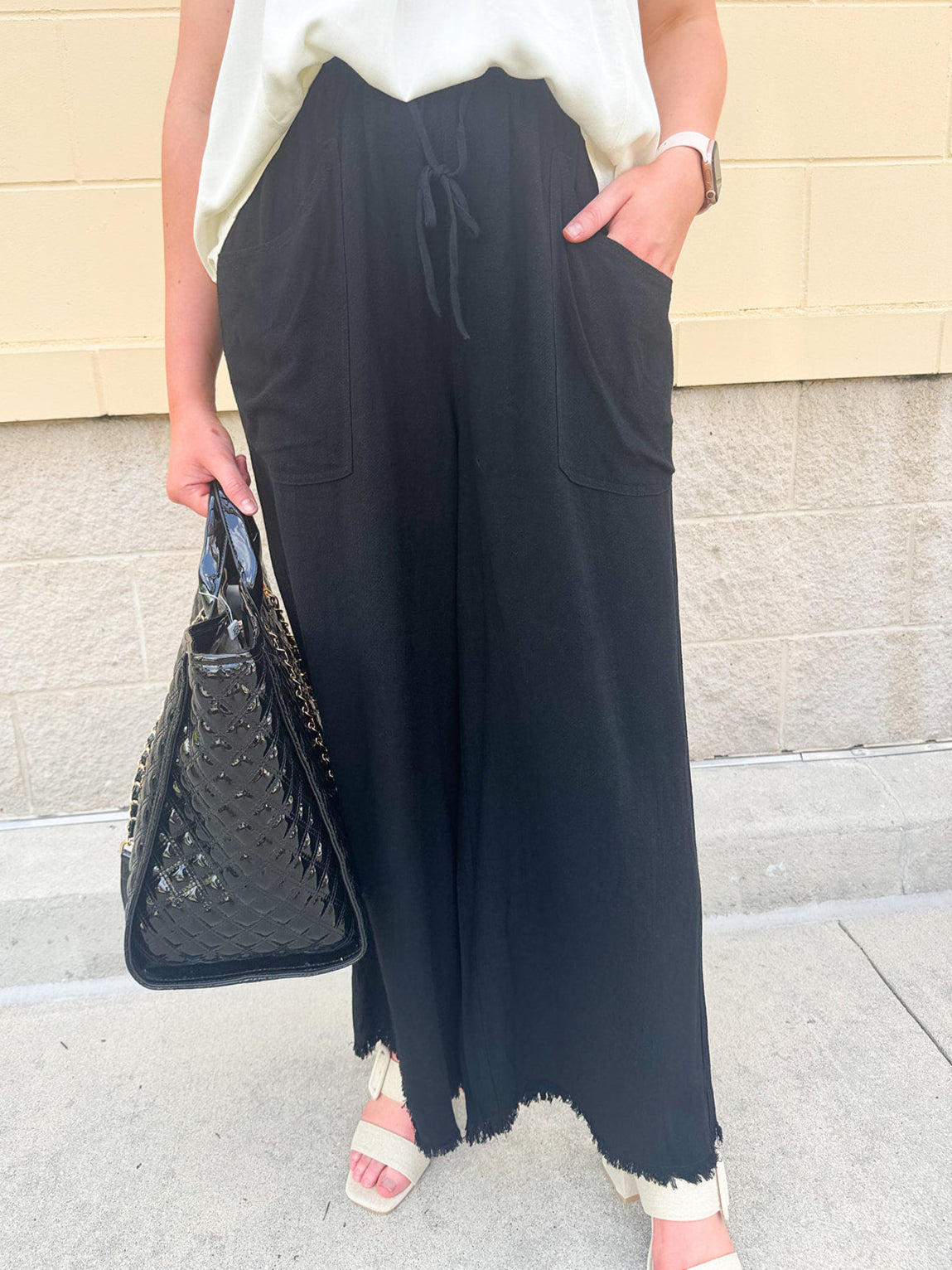 Fresh Breeze Frayed Wide Leg Linen Pants in Black