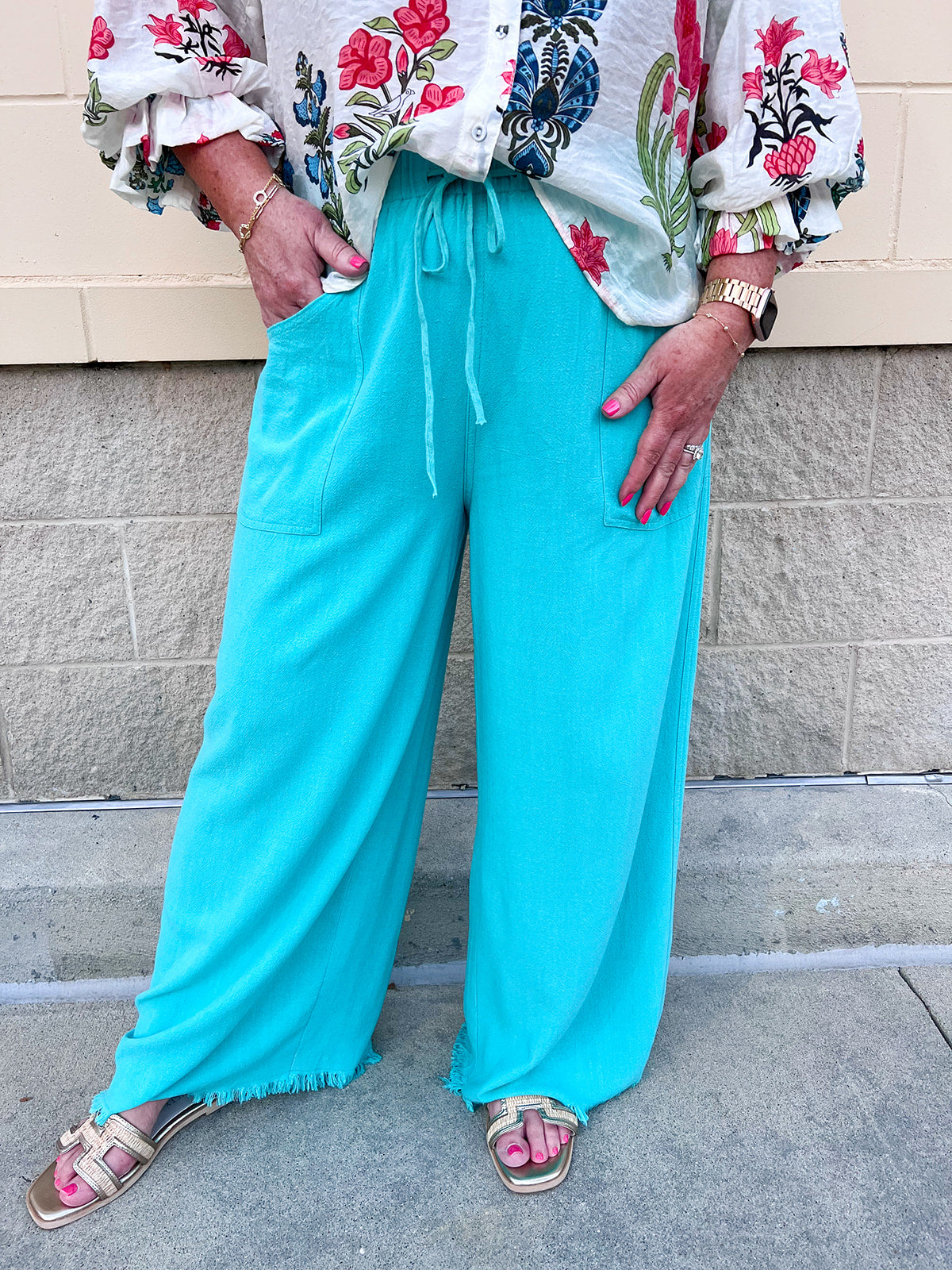 Fresh Breeze Frayed Wide Leg Linen Pants in Lagoon Blue
