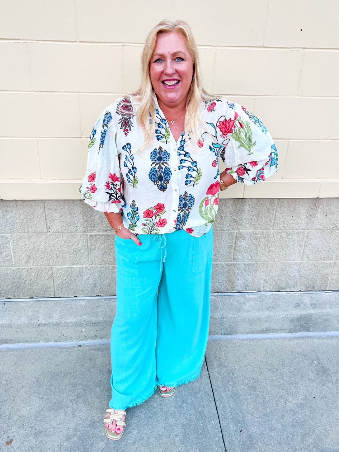 Fresh Breeze Frayed Wide Leg Linen Pants in Lagoon Blue