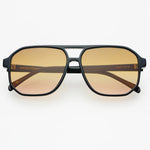 Black and brown unisex aviator sunglasses with a lightweight biodegradable acetate frame.