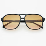 Black and brown unisex aviator sunglasses with a lightweight biodegradable acetate frame.