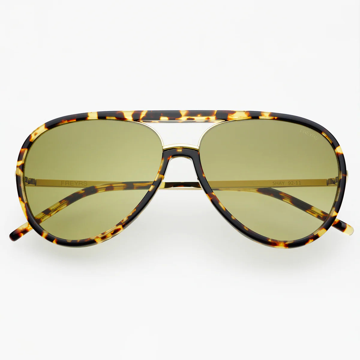 Tortoise and light green aviator sunglasses with an acetate and stainless steel frame.