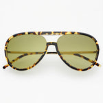 Tortoise and light green aviator sunglasses with an acetate and stainless steel frame.