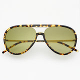 Tortoise and light green aviator sunglasses with an acetate and stainless steel frame.