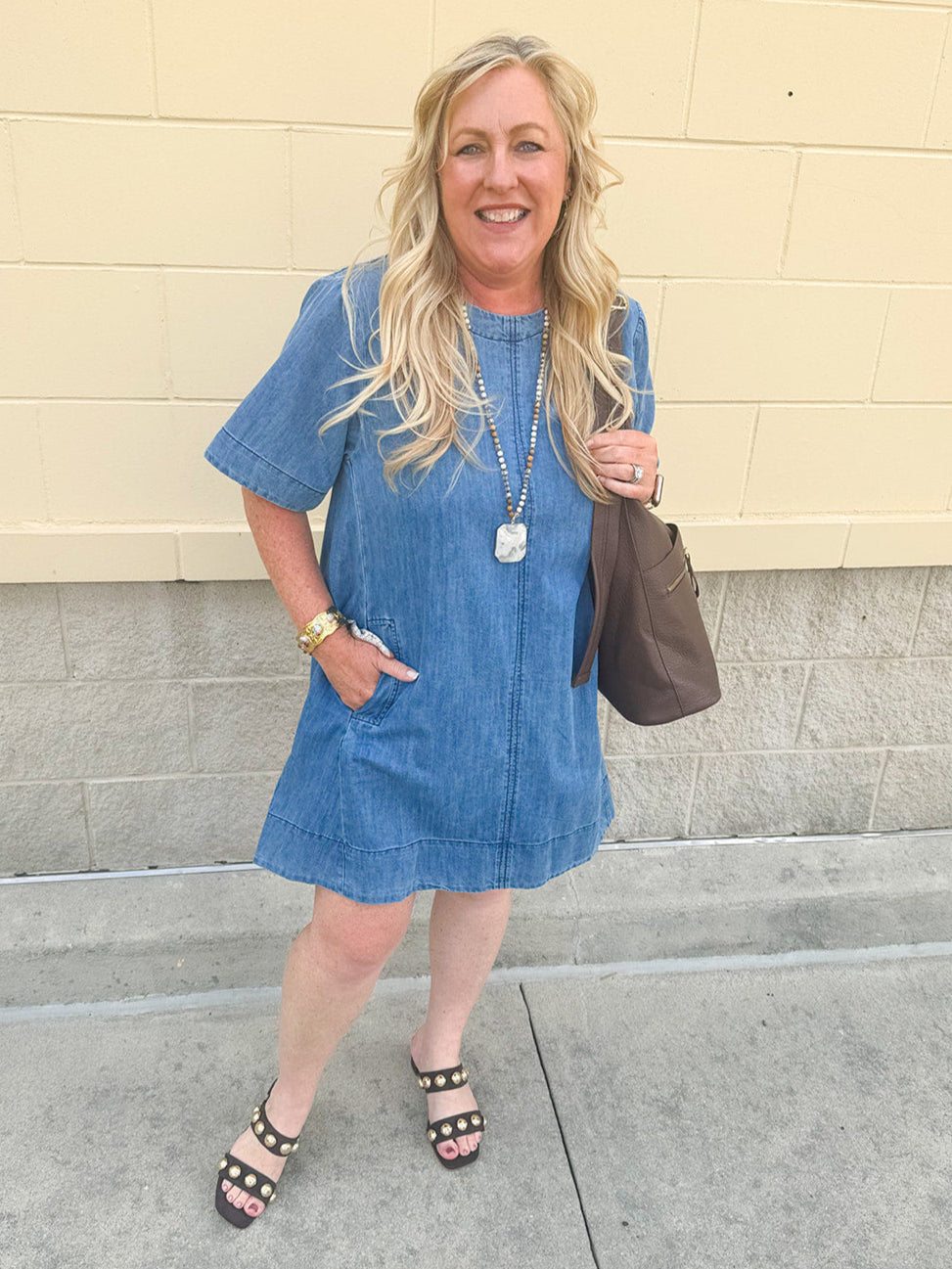 Denim style mini dress, perfect for your next outing.