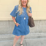 Denim style mini dress, perfect for your next outing.