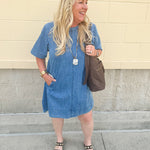 Denim style mini dress, perfect for your next outing.