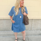 Denim style mini dress, perfect for your next outing.