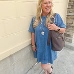 Denim style mini dress, perfect for your next outing.