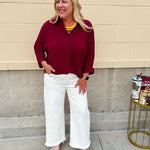 Garnet 3/4 sleeve collared blouse with cuffed sleeves, perfect for game day