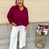 Garnet 3/4 sleeve collared blouse with cuffed sleeves, perfect for game day