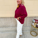 Garnet 3/4 sleeve collared blouse with cuffed sleeves, perfect for game day