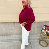 Garnet 3/4 sleeve collared blouse with cuffed sleeves, perfect for game day