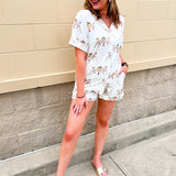 Garnet and gold bamboo pajama set with vintage-inspired images of Chief Osceola and Renegade. Set features a  button-front collared top and relaxed-fit shorts.