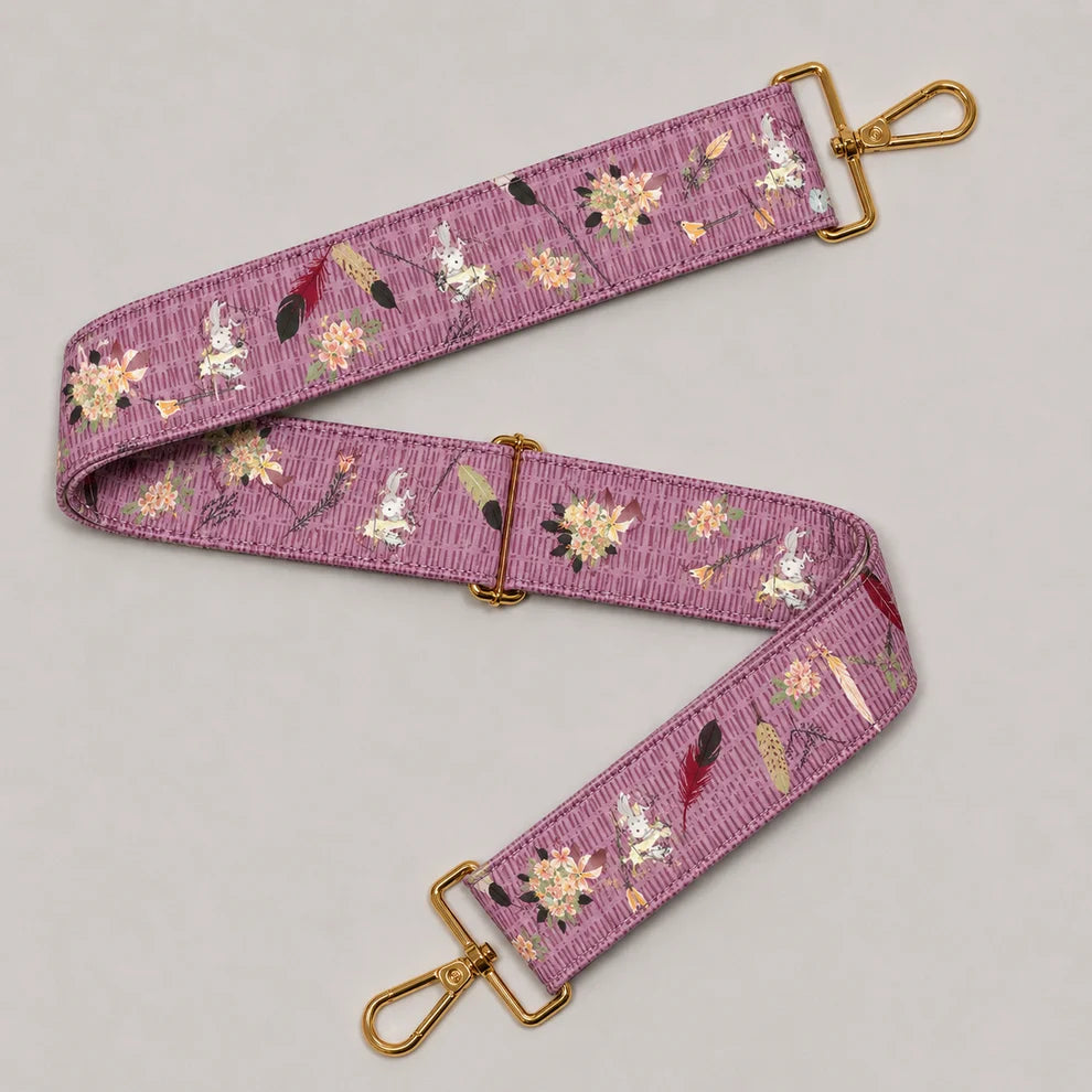 Garnet and gold silk purse strap with hand-illustrated ponies, feathers, and floral details