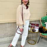 Clear crossbody stadium bag with garnet straps and gold hardware, perfect for stylish game day looks.