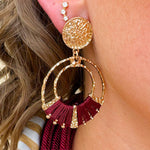 Gold double hoop earrings with garnet-threaded accents and gold stud top, perfect for adding subtle color and elegance.