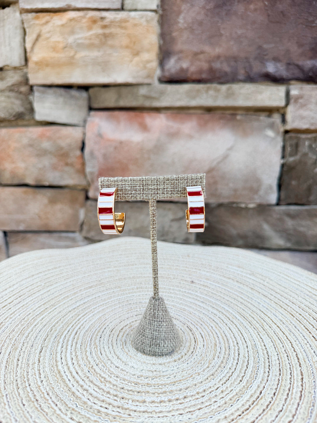 Garnet and White striped geometric thick gold hoops