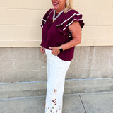 Graceful Ruffle Sleeve Woven Top in Garnet