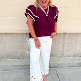 Graceful Ruffle Sleeve Woven Top in Garnet