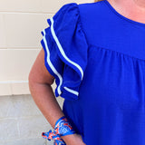 Graceful Ruffle Sleeve Woven Top in Royal Blue