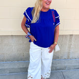 Graceful Ruffle Sleeve Woven Top in Royal Blue