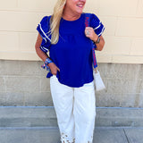 Graceful Ruffle Sleeve Woven Top in Royal Blue