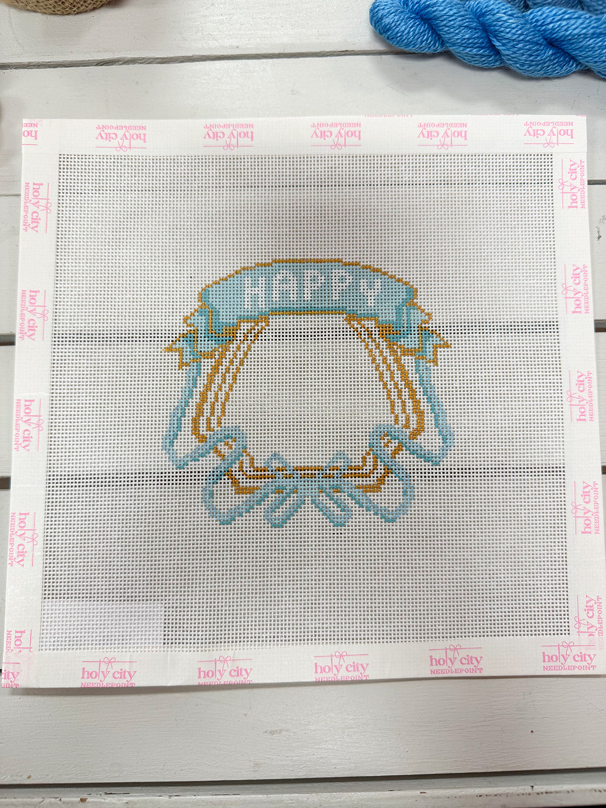 Blue Happy Crest needlepoint canvas