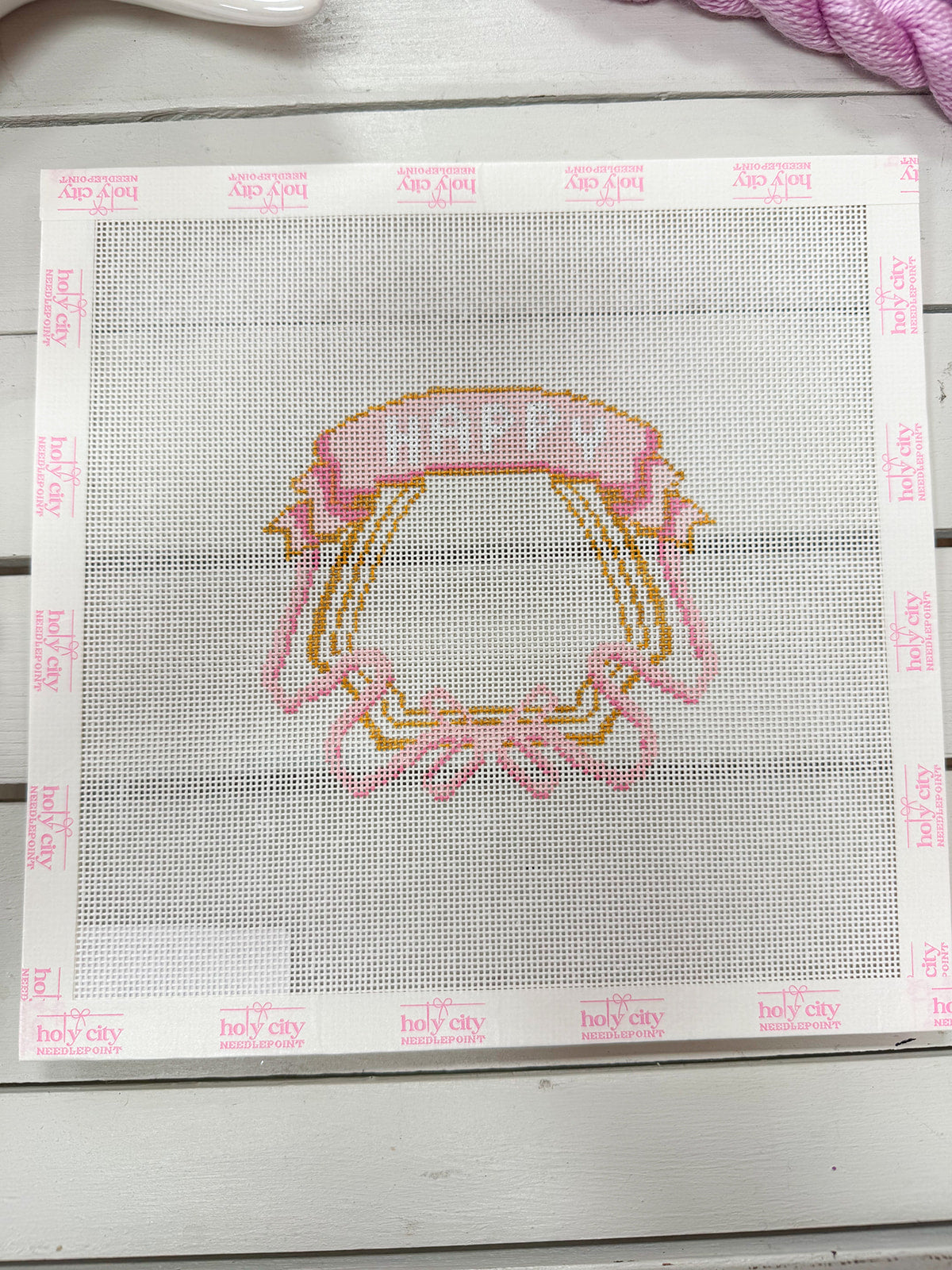Pink Happy Crest needlepoint canvas