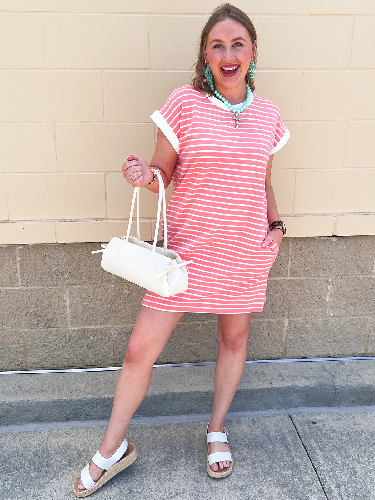 Coral striped t-shirt dress