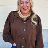 Hazelnut brown jacket with five front buttons, shoulder button accents, and a versatile high neckline