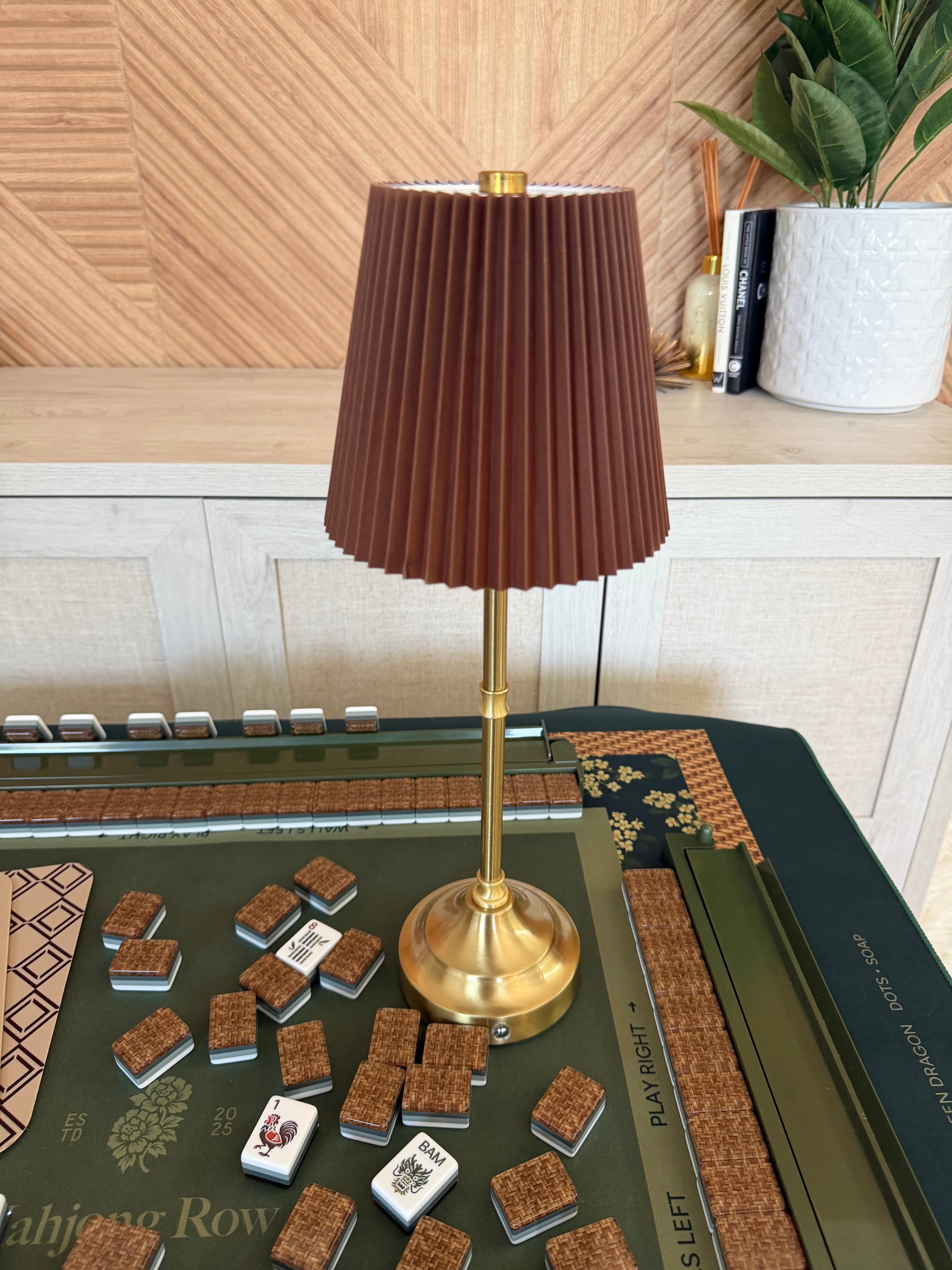 Henley Brass Table Lamp with brown pleated shade and brass base styled for a Mahjong table