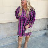 Mini dress in pink and green tartan plaid with balloon sleeves and collared v-neck