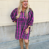 Holiday in Pink Tartan Balloon Sleeve Mini Dress