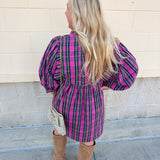 Holiday in Pink Tartan Balloon Sleeve Mini Dress
