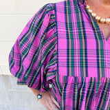 Holiday in Pink Tartan Balloon Sleeve Mini Dress