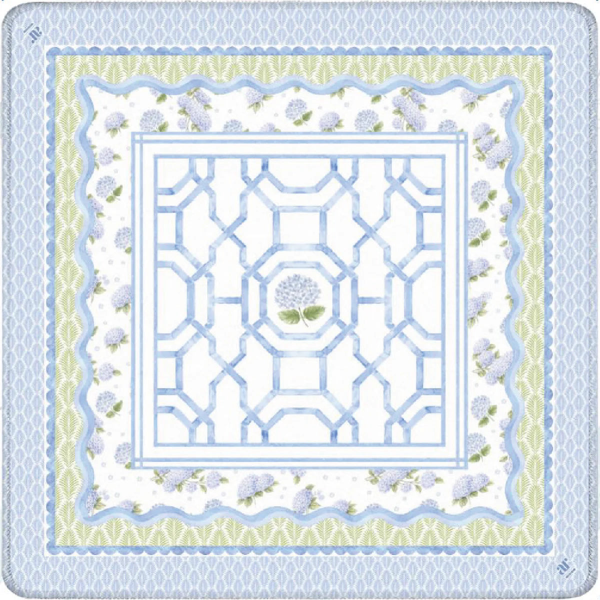 Blue and white hydrangea floral Mahjong mat with scalloped borders, a blue lattice playing center, and classic coastal-inspired design