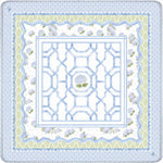 Blue and white hydrangea floral Mahjong mat with scalloped borders, a blue lattice playing center, and classic coastal-inspired design