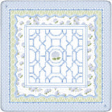 Blue and white hydrangea floral Mahjong mat with scalloped borders, a blue lattice playing center, and classic coastal-inspired design