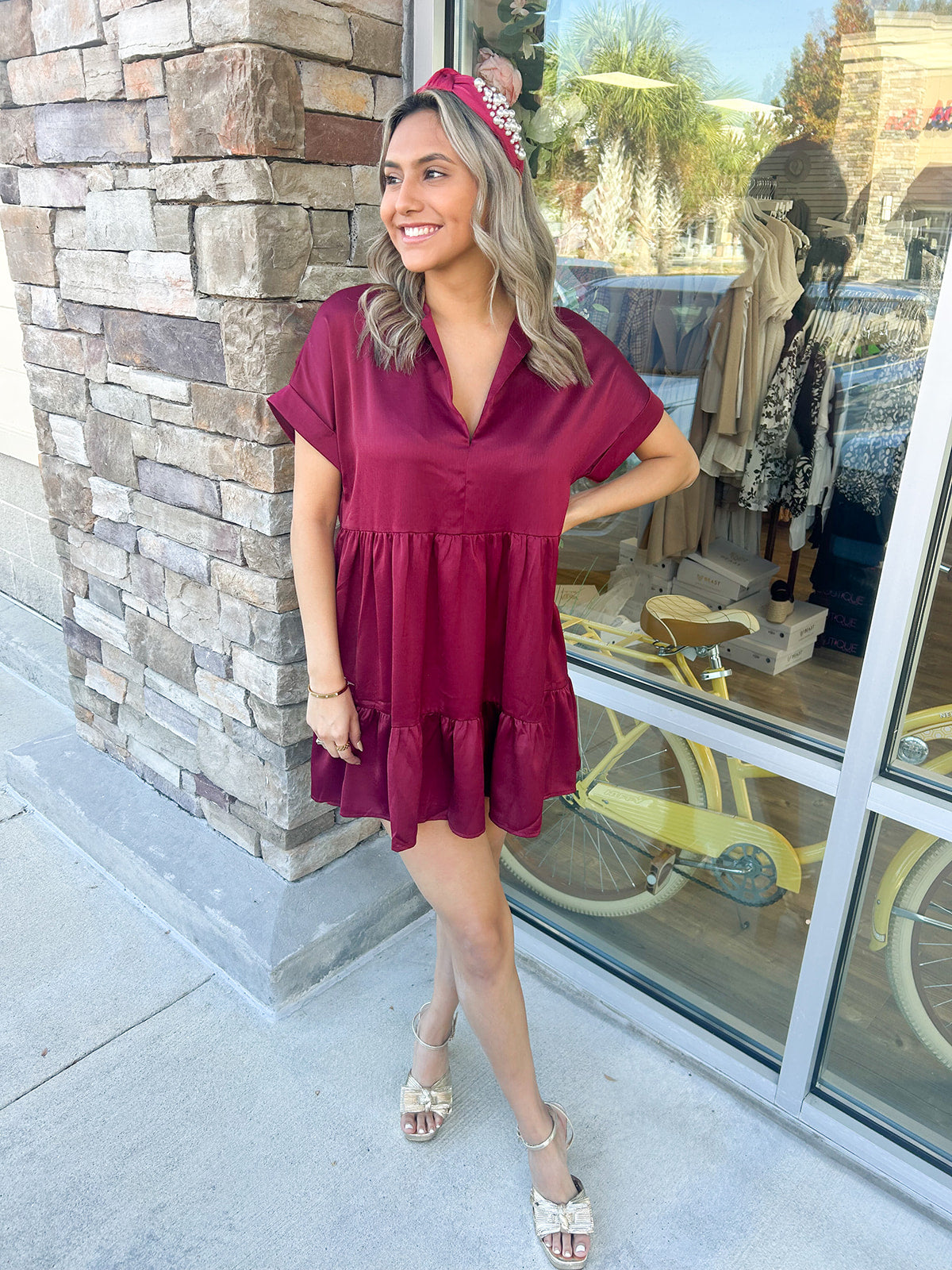 Special Treat V-Neck Dress-Burgundy | Front View