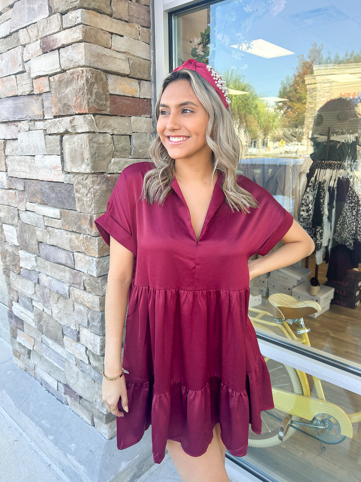 Special Treat V-Neck Dress-Burgundy | Front View
