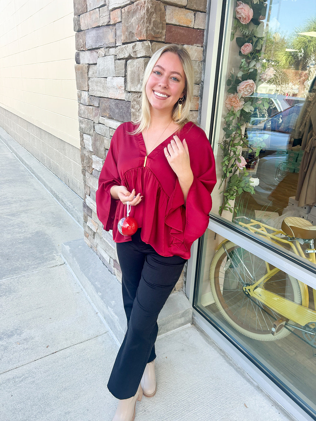 Touch of Class Peplum Top-Burgundy | Styled View