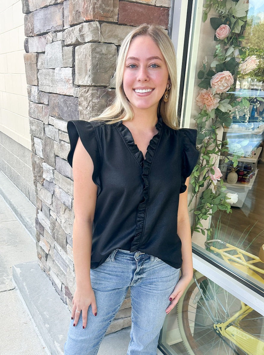 Save Your Seat Ruffle Neck Top | Front View