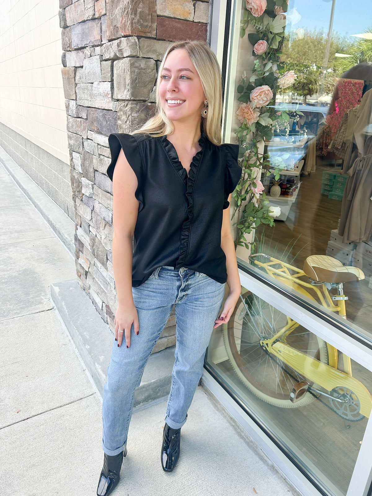 Save Your Seat Ruffle Neck Top | Styled View