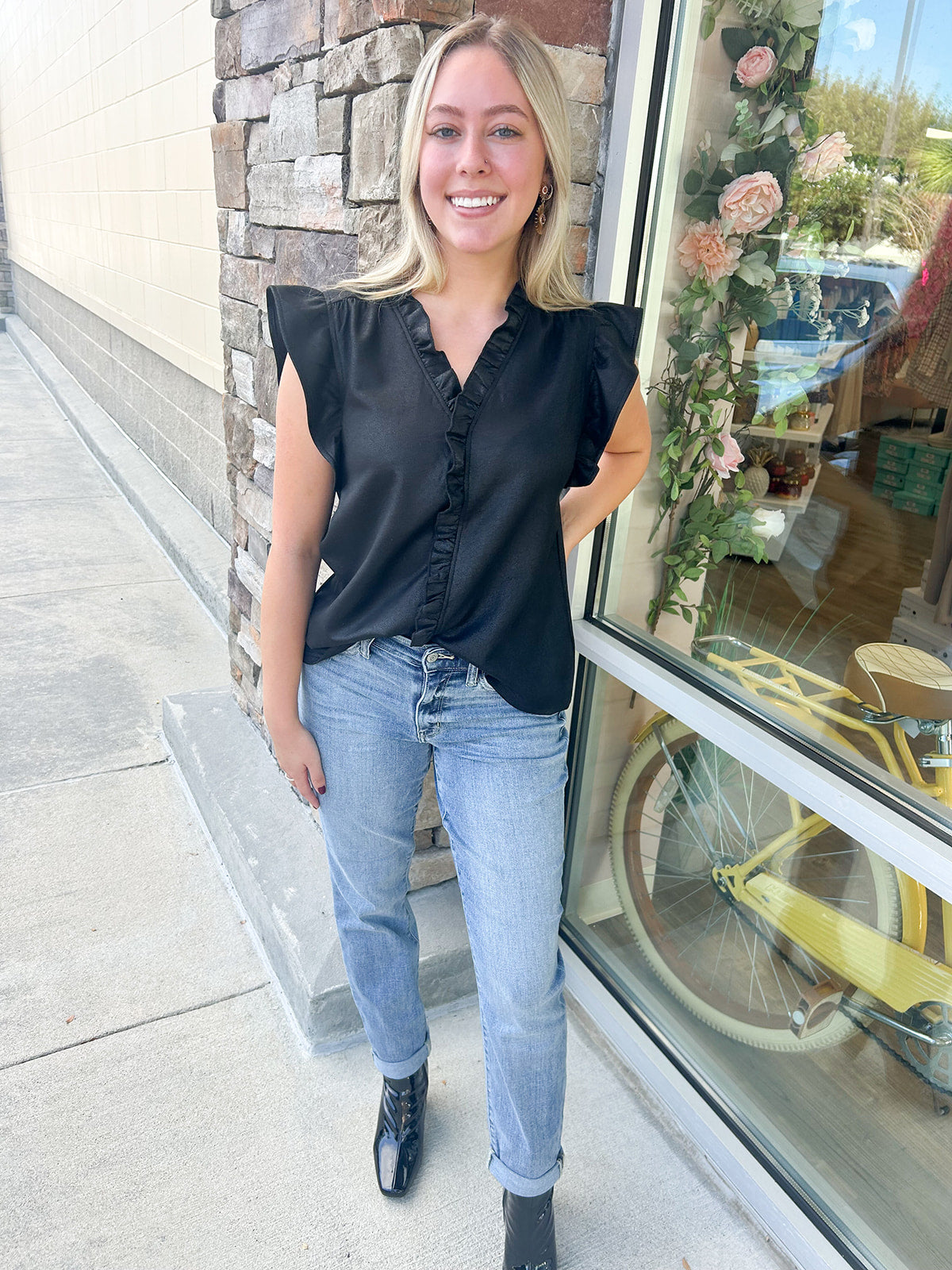 Save Your Seat Ruffle Neck Top | Styled View