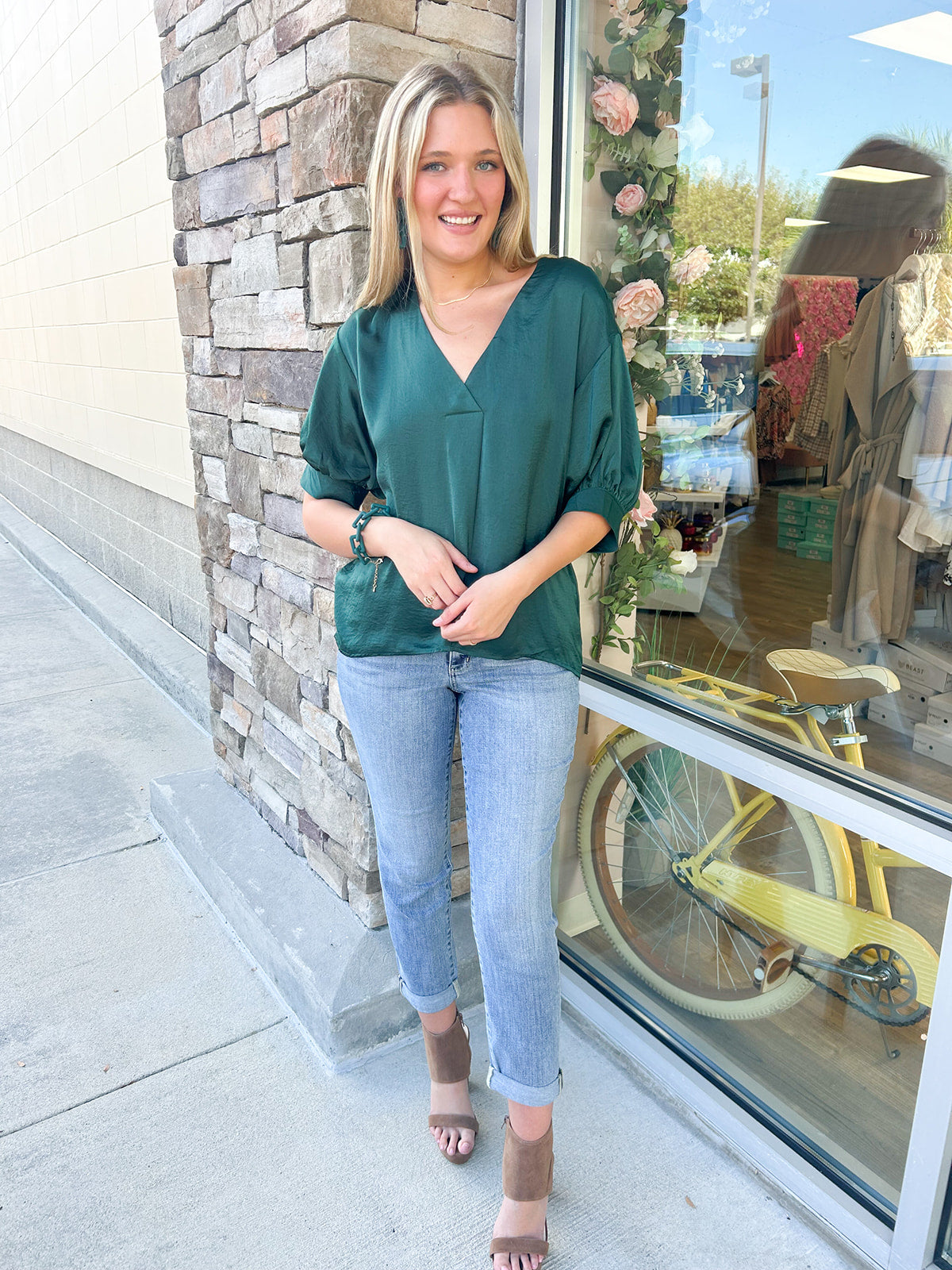 Naturally Radiant V-Neck Top-Green | Styled View